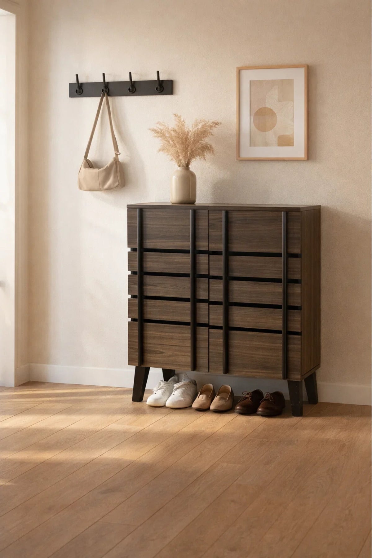 Stylish Brown Wood Shoe Storage Cabinet with Modern Black Vertical Accents for Hallway Decor