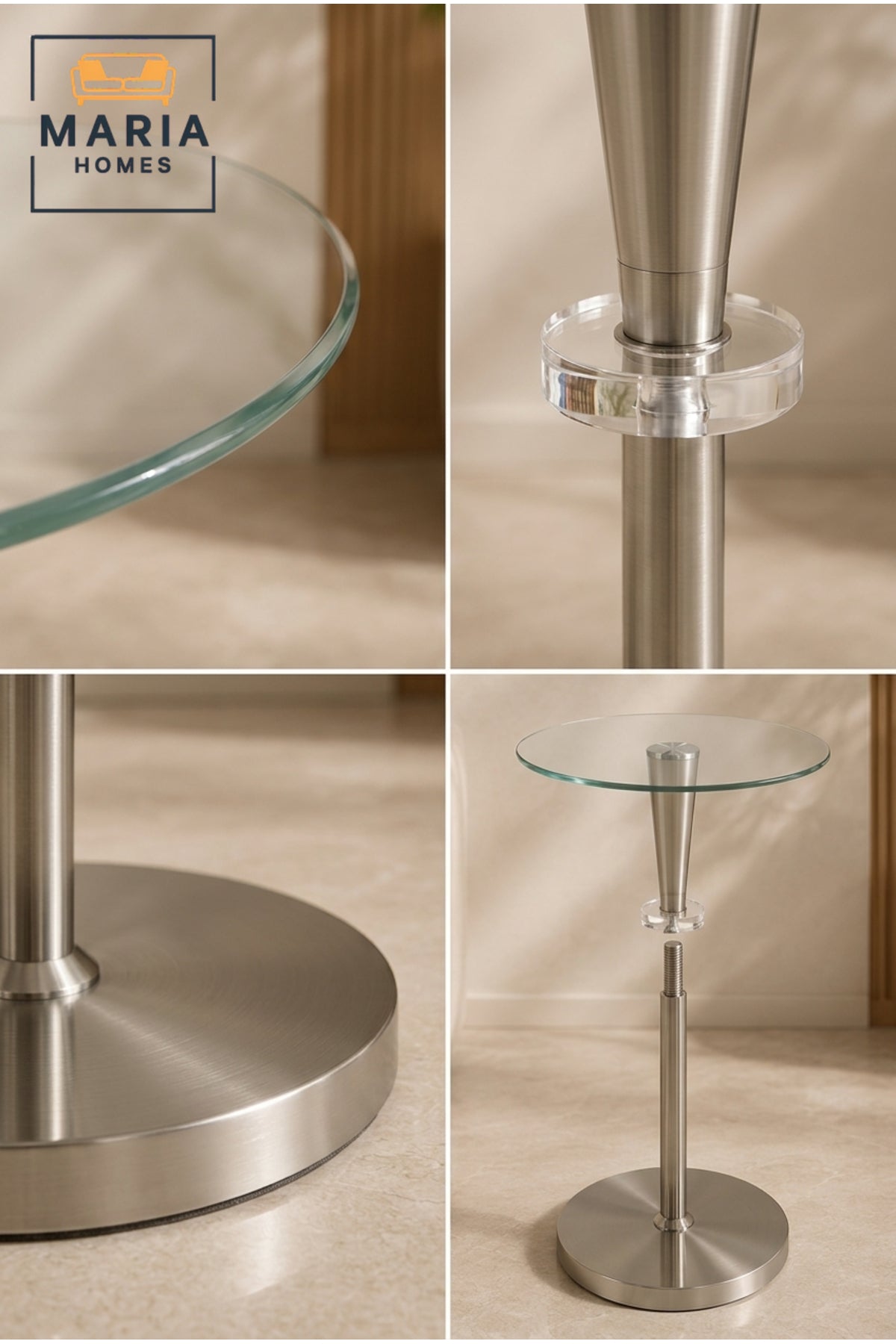 Modern Glass Accent Side Table √ê Round End Table with Brushed Metal Base for Living Room, Bedroom & Lounge