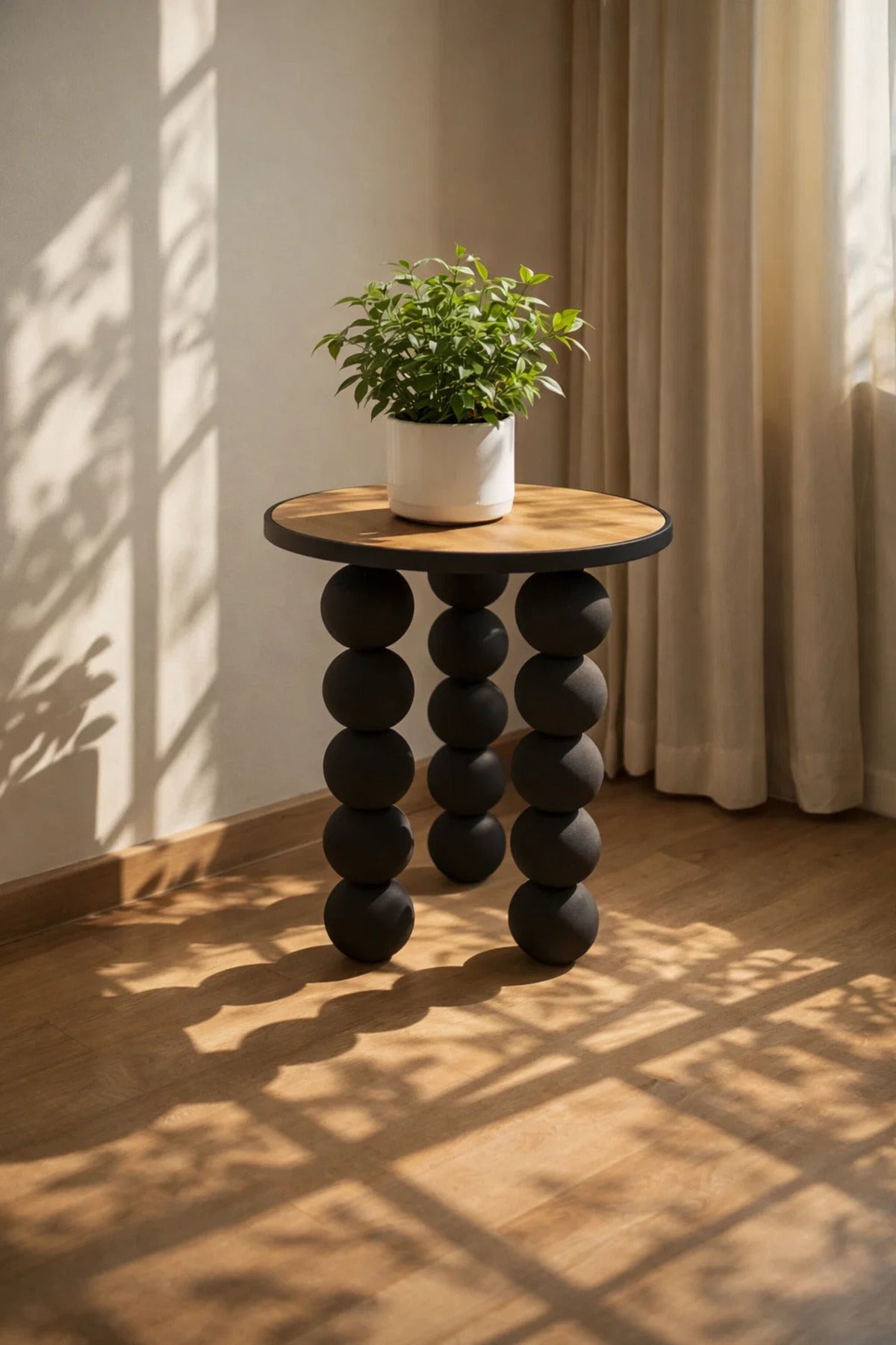 Modern Round Side Table Black Sphere Base Wood Top Stylish Accent Furniture for Home Decor 53cm