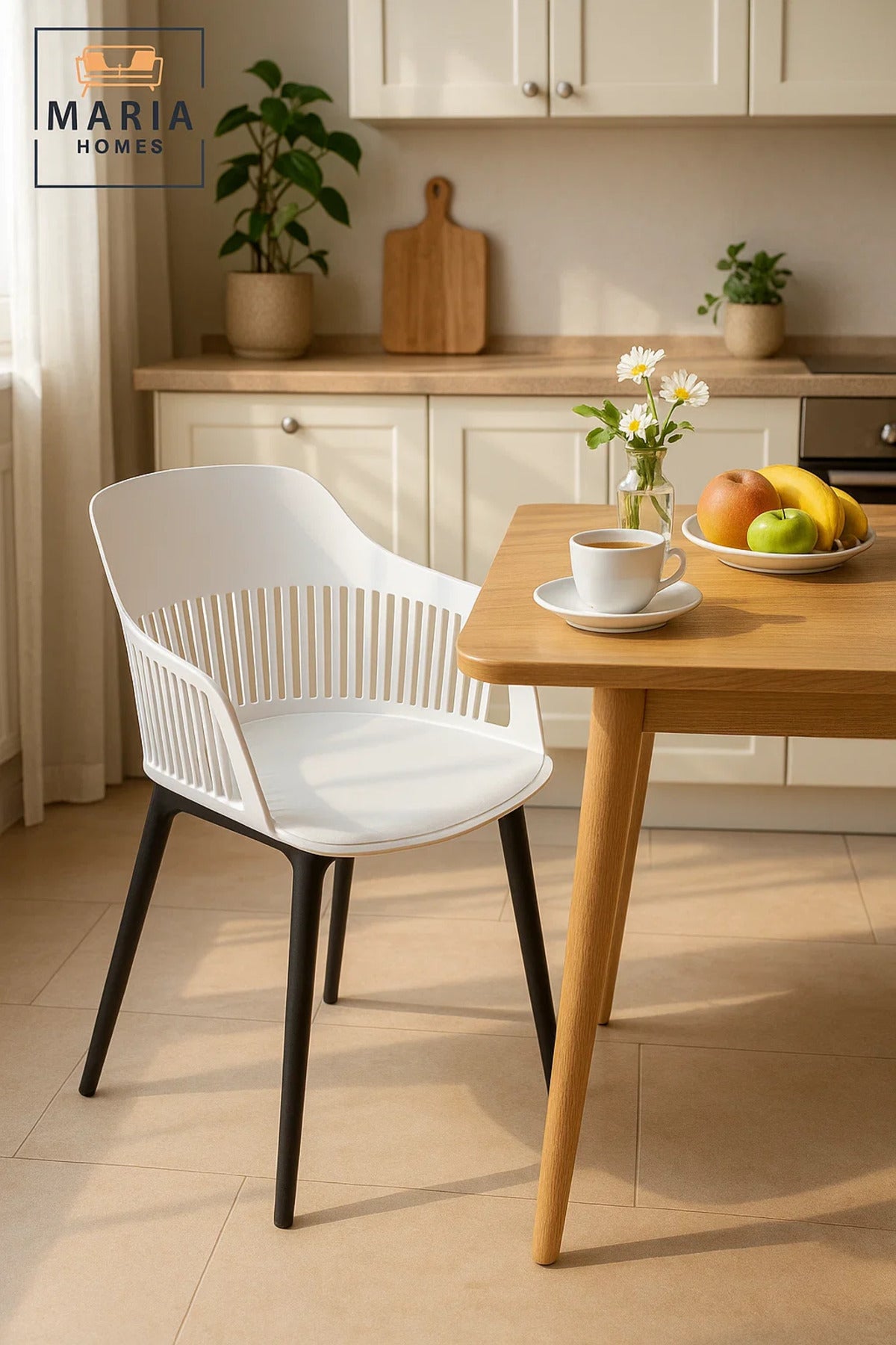 White Plastic Armchair with Black Legs Modern Ventilated Backrest Chair for Indoor & Outdoor Seating