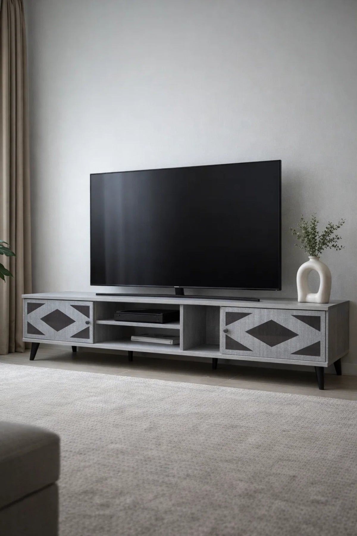 Modern Grey TV Stand 200cm Media Console Table with Storage Geometric Design for Living Room