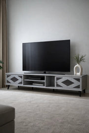 Modern Grey TV Stand 200cm Media Console Table with Storage Geometric Design for Living Room