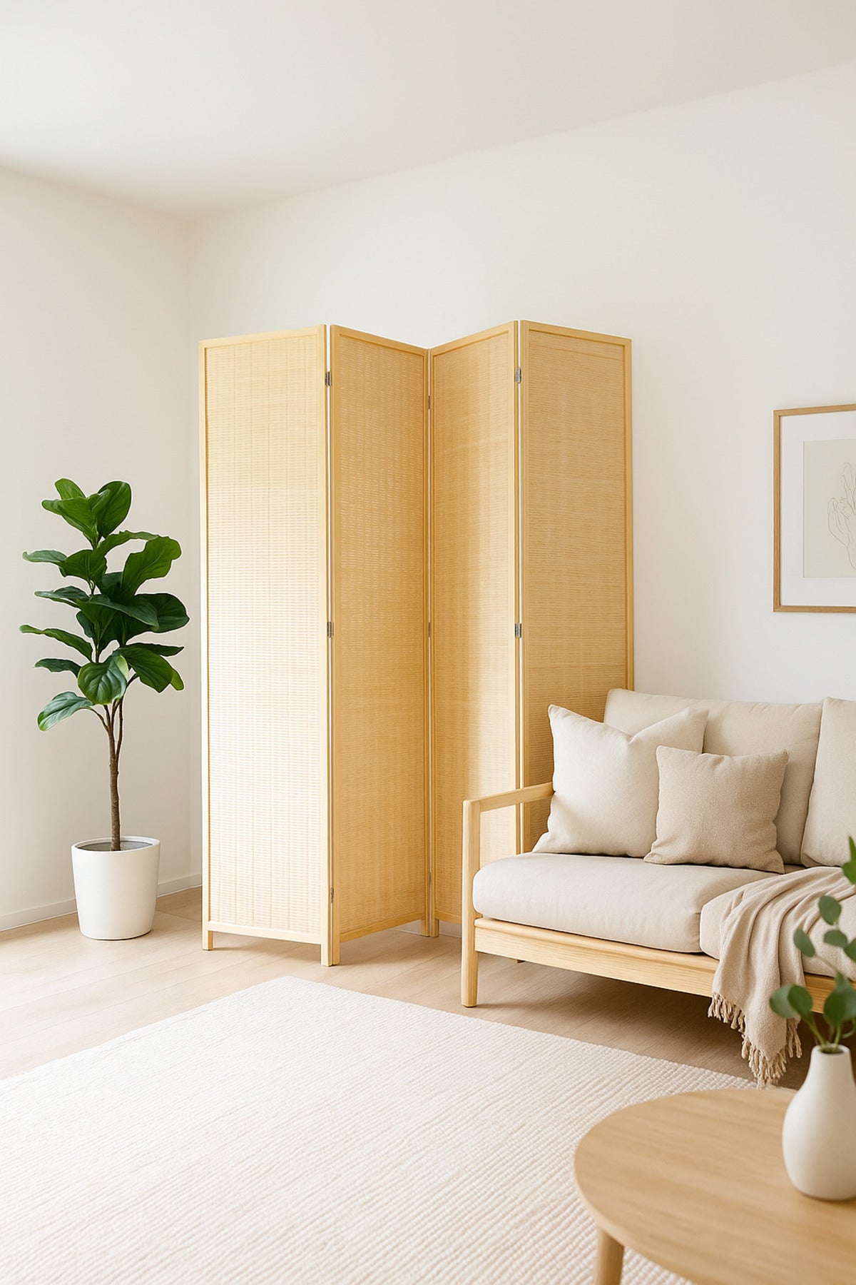 4-Panel Natural Rattan Room Divider Ð 180_200 cm Foldable Privacy Screen in Beige