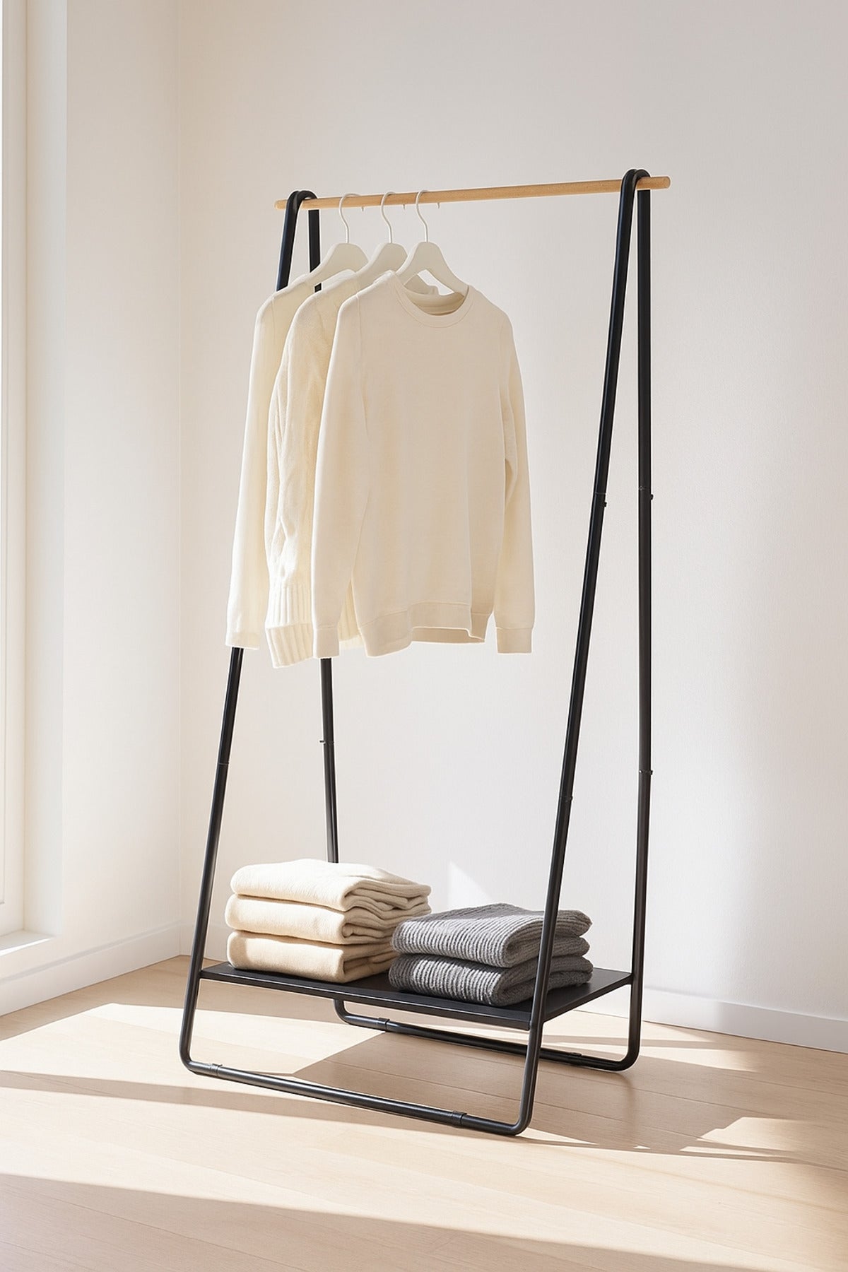 Minimalist Metal Clothes Rack with Wooden Hanging Rod and Storage Shelf Ð Black