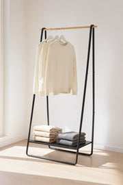 Minimalist Metal Clothes Rack with Wooden Hanging Rod and Storage Shelf Ð Black