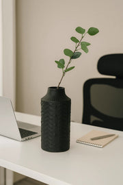 Black Textured Ceramic Vase Ð Modern Matte Decorative Flower Pot with Embossed Geometric Pattern