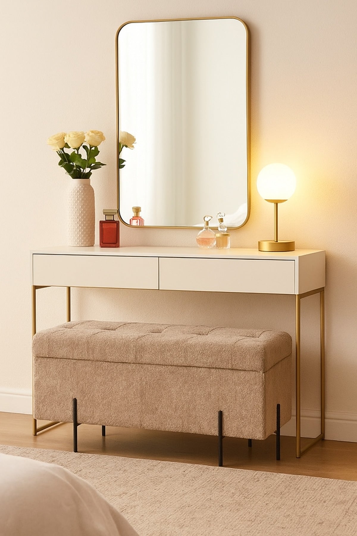 Storage Bench with Tufted Seat & Black Metal Legs Ð Modern Ottoman 110_43_49 cm