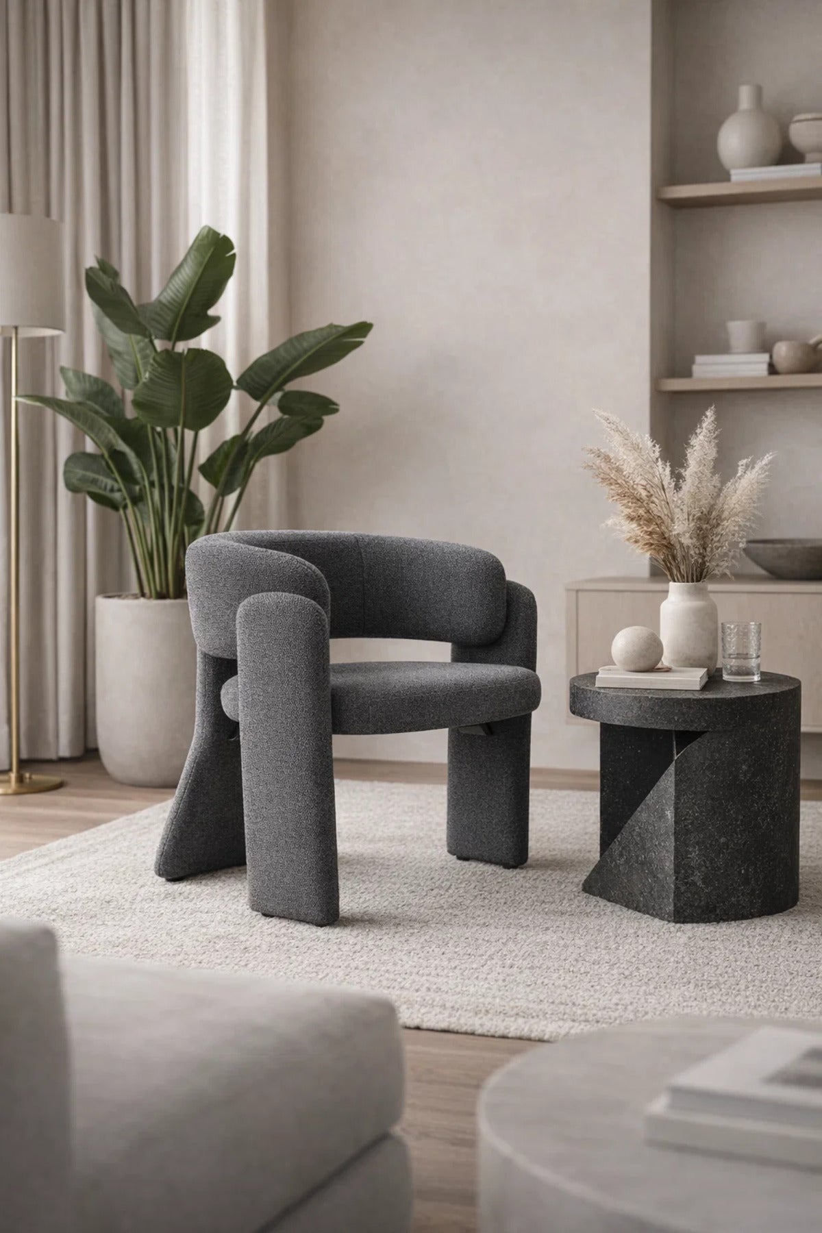 Modern Dark Grey Sculptural Upholstered Accent Chair for Living Room Dining and Home Office Use