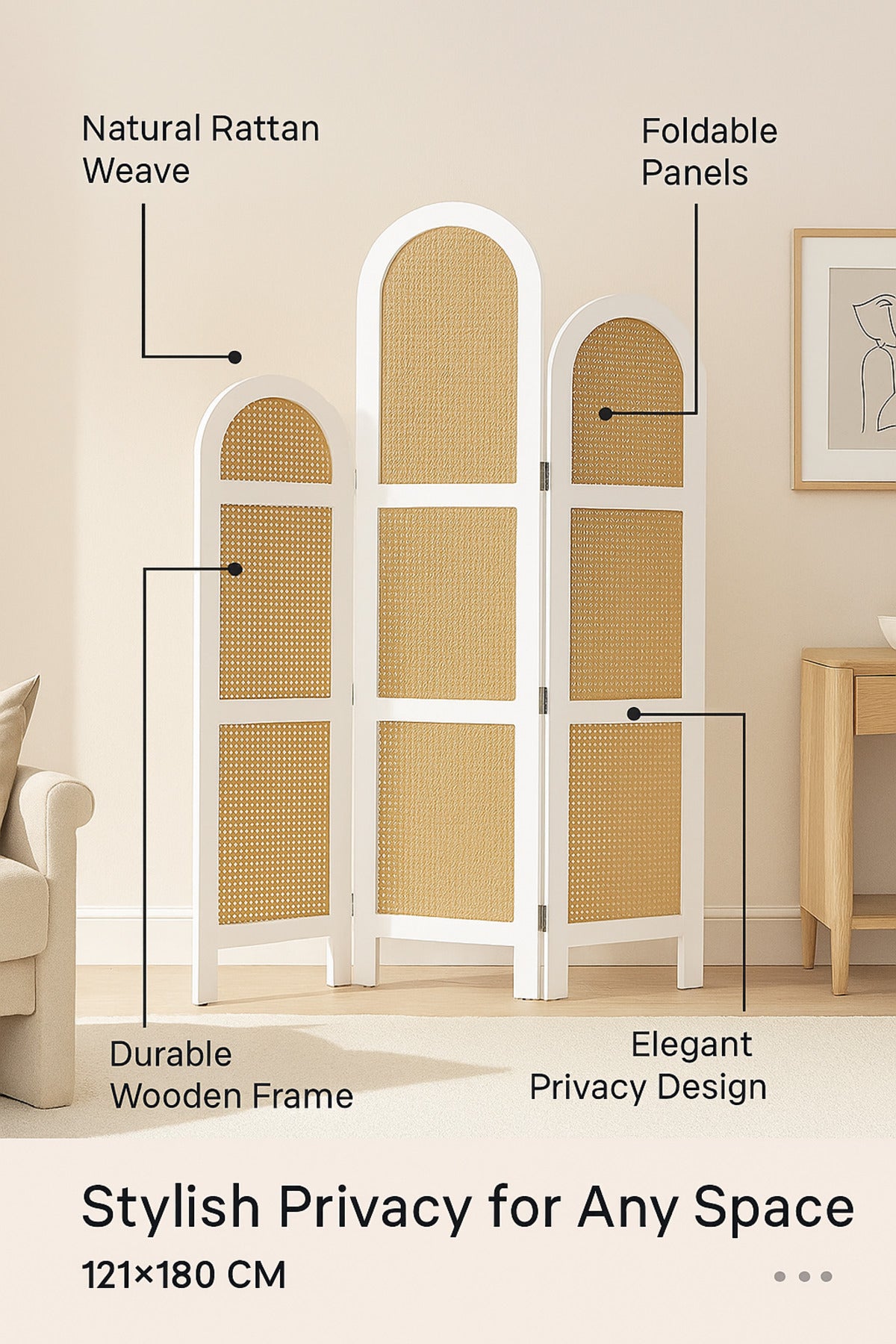 3-Panel Rattan Room Divider with White Frame √ê 121_180 cm Modern Arched Privacy Screen