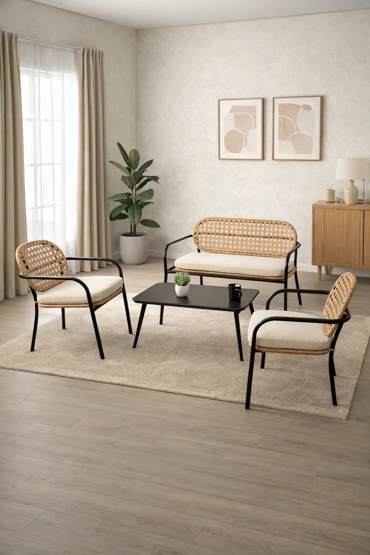Stylish 4-Seater Conversation Set Black Metal Frame Beige Cushions Woven Back with Coffee Table