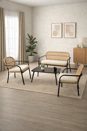 Stylish 4-Seater Conversation Set Black Metal Frame Beige Cushions Woven Back with Coffee Table