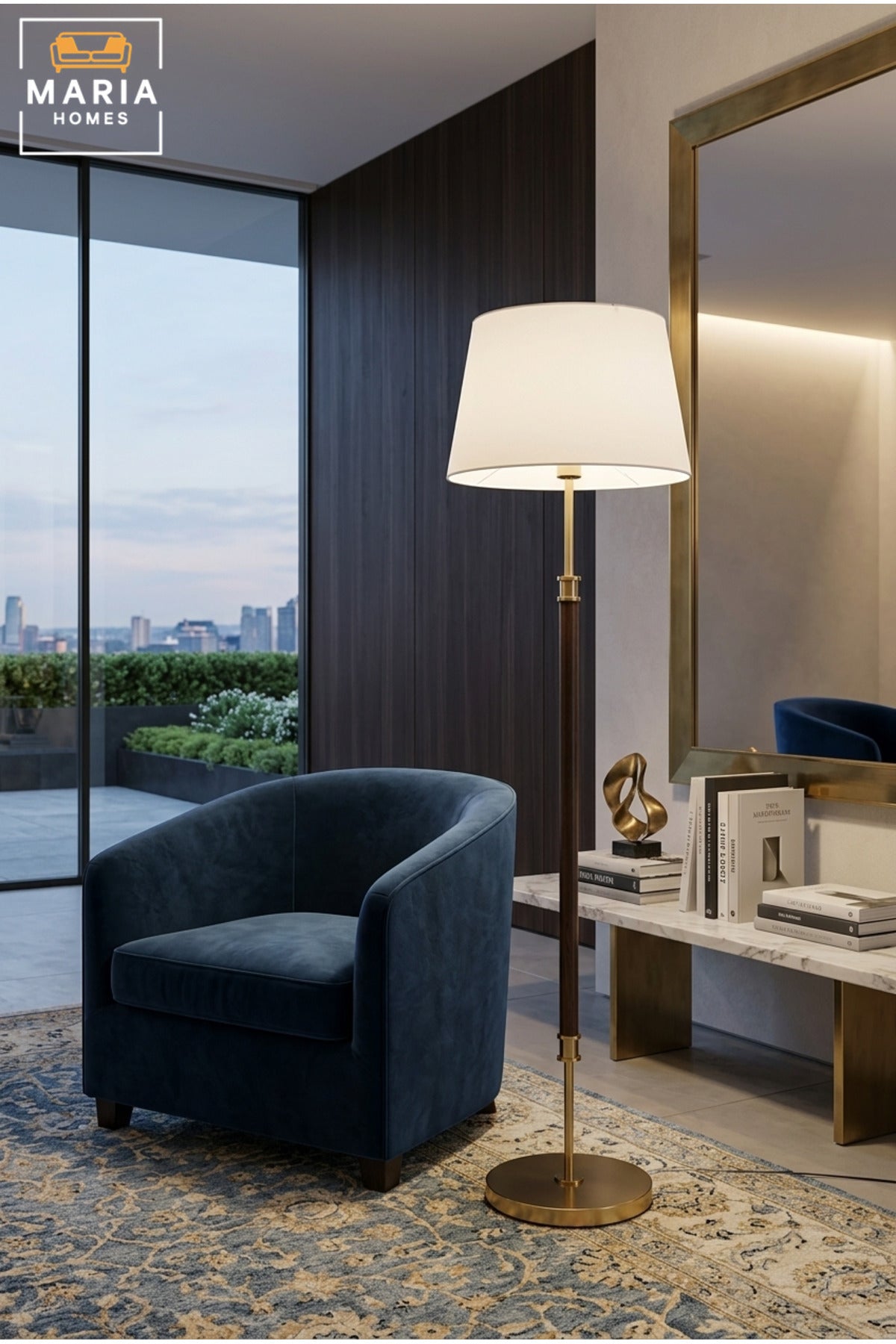 Modern Wooden Floor Lamp with Gold Accents, White Fabric Shade and Round Base Elegant Standing Light for Living Room Bedroom Office and Hotel Décor