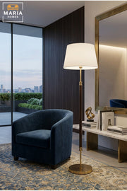 Modern Wooden Floor Lamp with Gold Accents, White Fabric Shade and Round Base Elegant Standing Light for Living Room Bedroom Office and Hotel Décor
