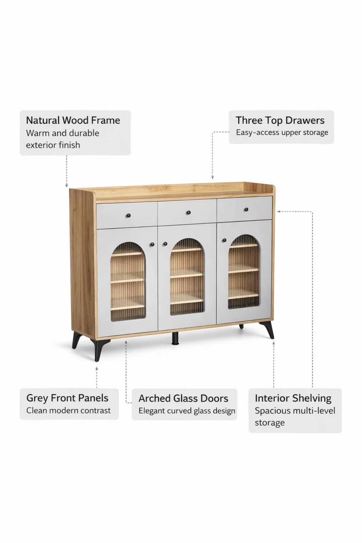 Elegant Wooden Shoe Cabinet Sideboard with Arched Glass Doors and Drawers for Hallway Storage