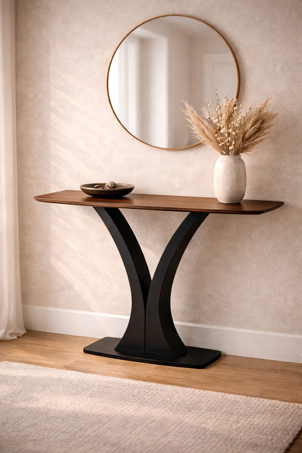 Brown Console Table with Black Metal Base Modern Entryway brown console table