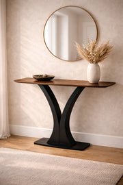 Brown Console Table with Black Metal Base Modern Entryway brown console table