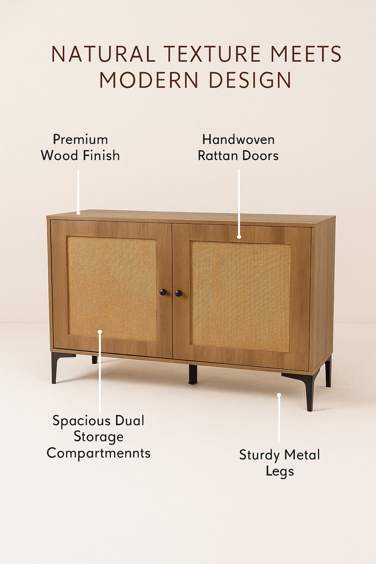 Brown Rattan Console Table 120_40_85 cm Ð Modern Wooden Storage Cabinet with Black Metal Legs