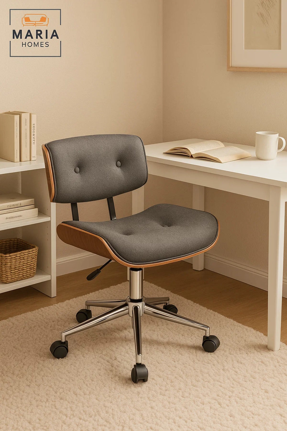 Dark Grey Swivel Office Chair with Wheels, Mid-Century Adjustable Desk Chair