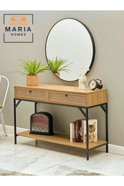 Modern Industrial Console Table with Ratan Storage Drawers Ð 120x35x40cm for Entryway or Living Room