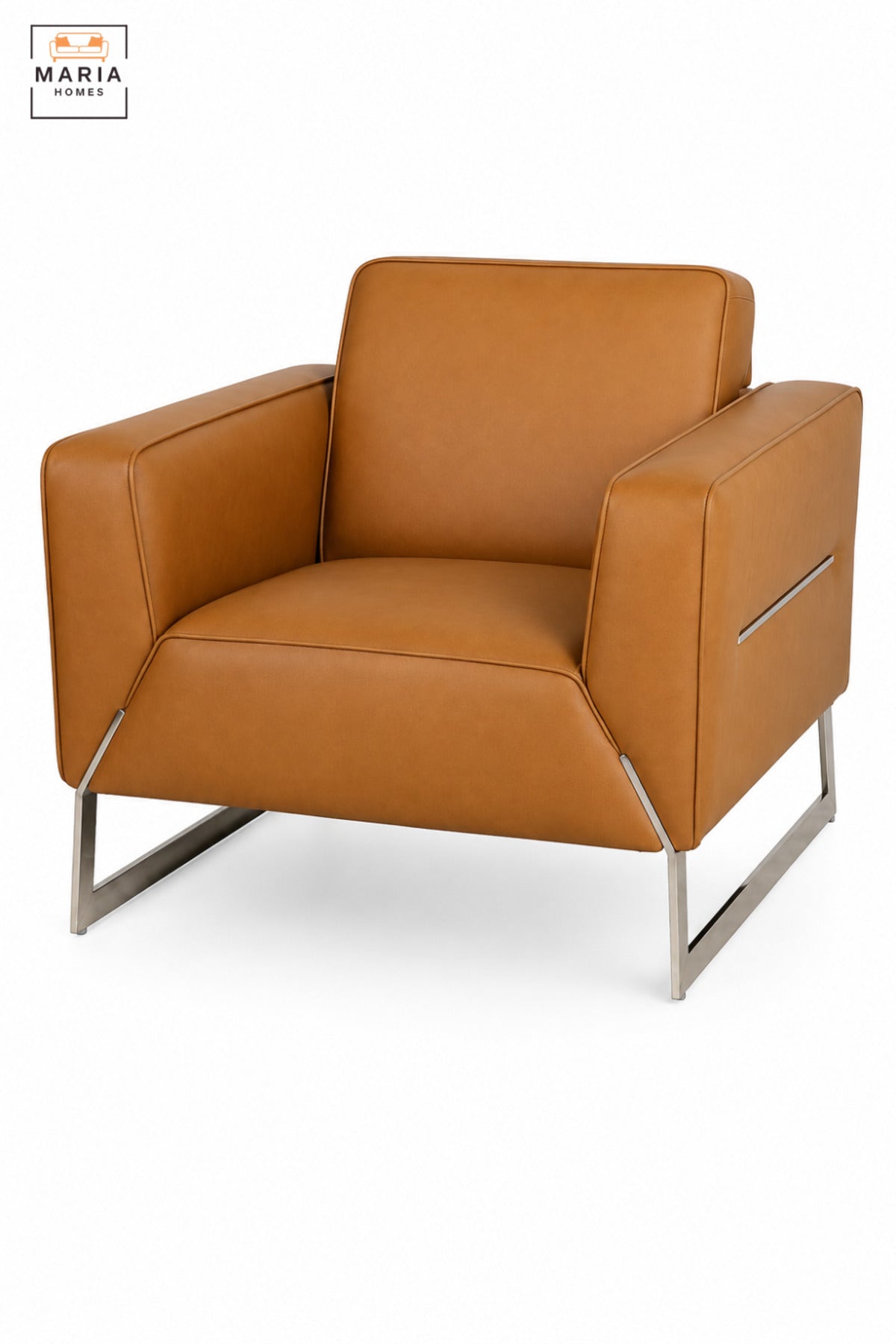 Modern Tan Leather Armchair with Stainless Steel Sled Base, Wide Padded Seat & Armrests, Contemporary Accent Lounge Chair for Living Room Office Reception
