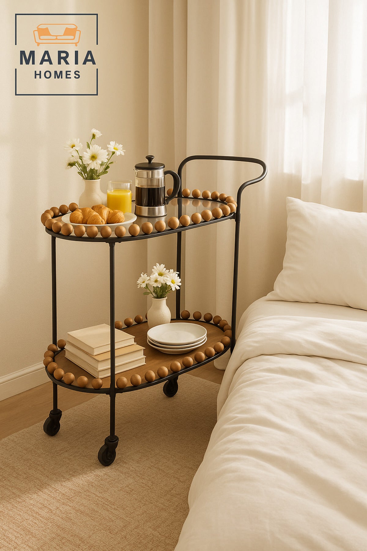 Brown & Black Oval Serving Trolley with Wooden Beads Ð 2-Tier Tea & Coffee Cart 70_40_84 cm