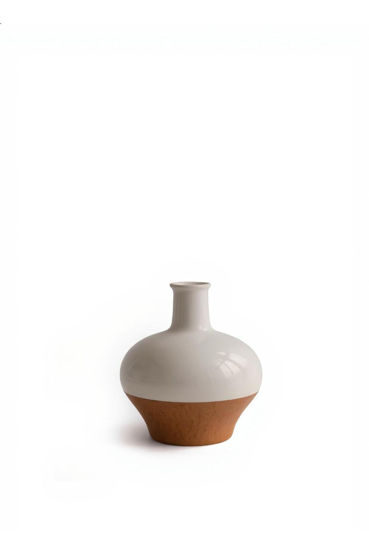 White and Cork Finish Ceramic Vase – Wide Round Decorative Flower Pot