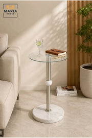Modern Glass Side Table with White Marble Base and Brushed Nickel Accent
