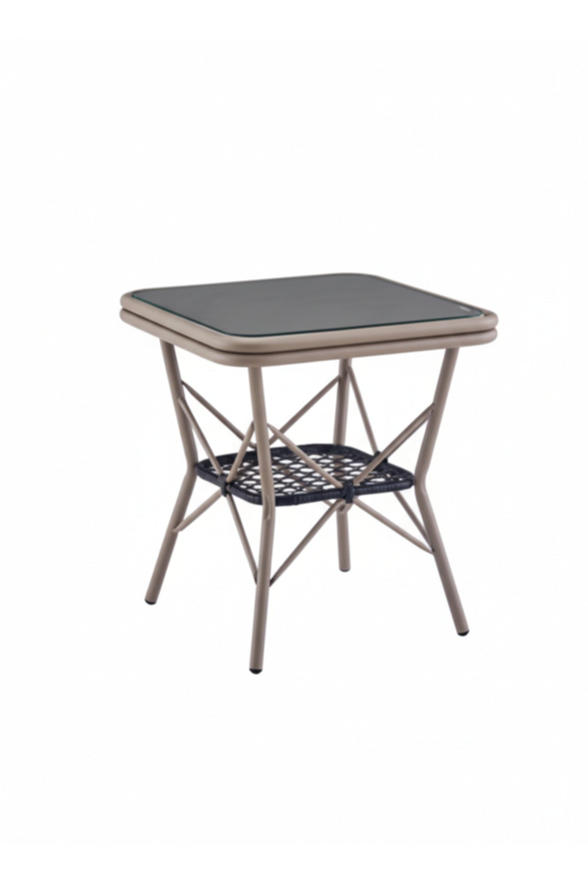 Modern Light Beige Square Table with Marble-Effect Top & Metal Cross Base