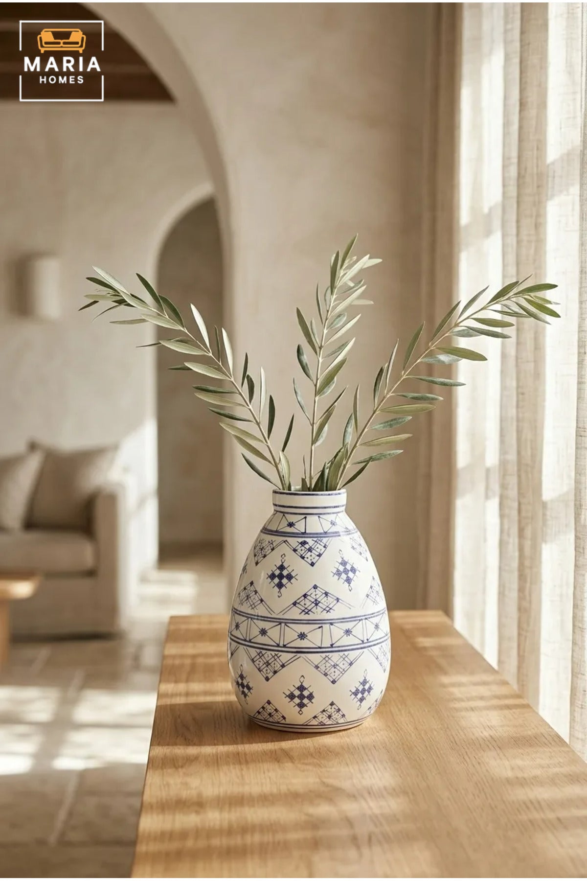 Blue and White Patterned Decorative Vase, Modern Ceramic Teardrop Flower Holder with Geometric Design for Living Room, Bedroom, Shelf and Table Décor