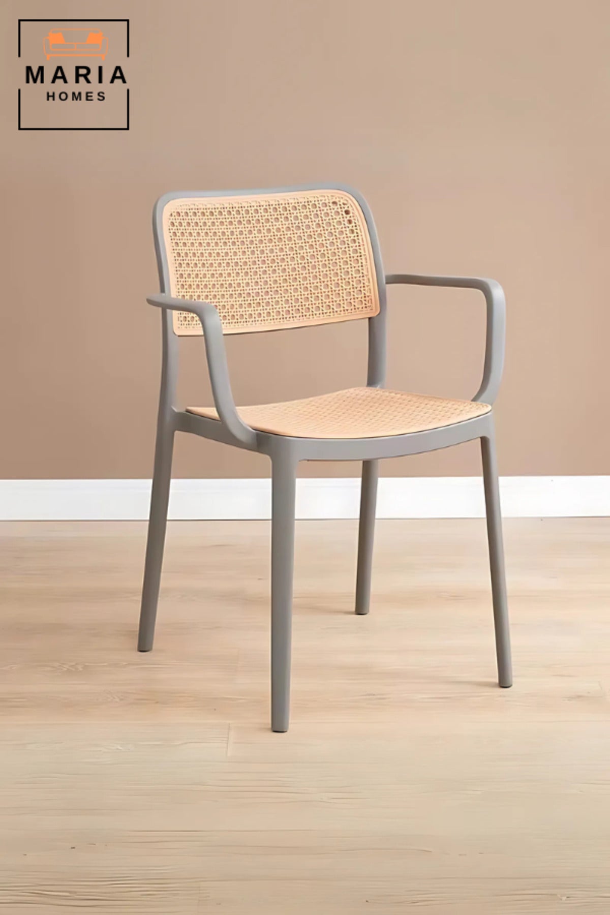 Modern Rattan-Style Plastic Armchair White Frame Dining or Accent Chair by Maria Homes