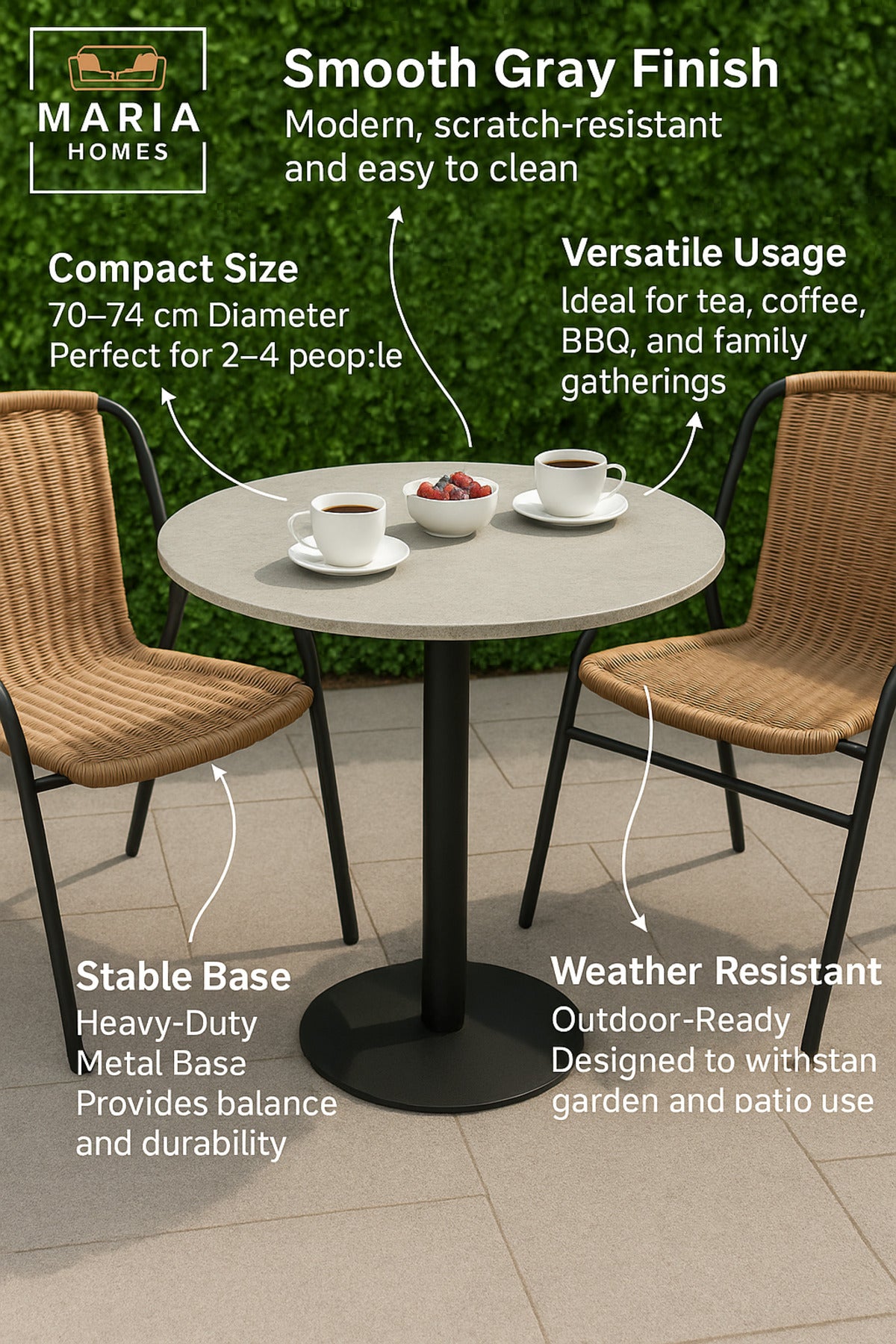 Gray Round Dining Table 70Ð74 cm Ð Modern CafŽ & Restaurant Table with Metal Base