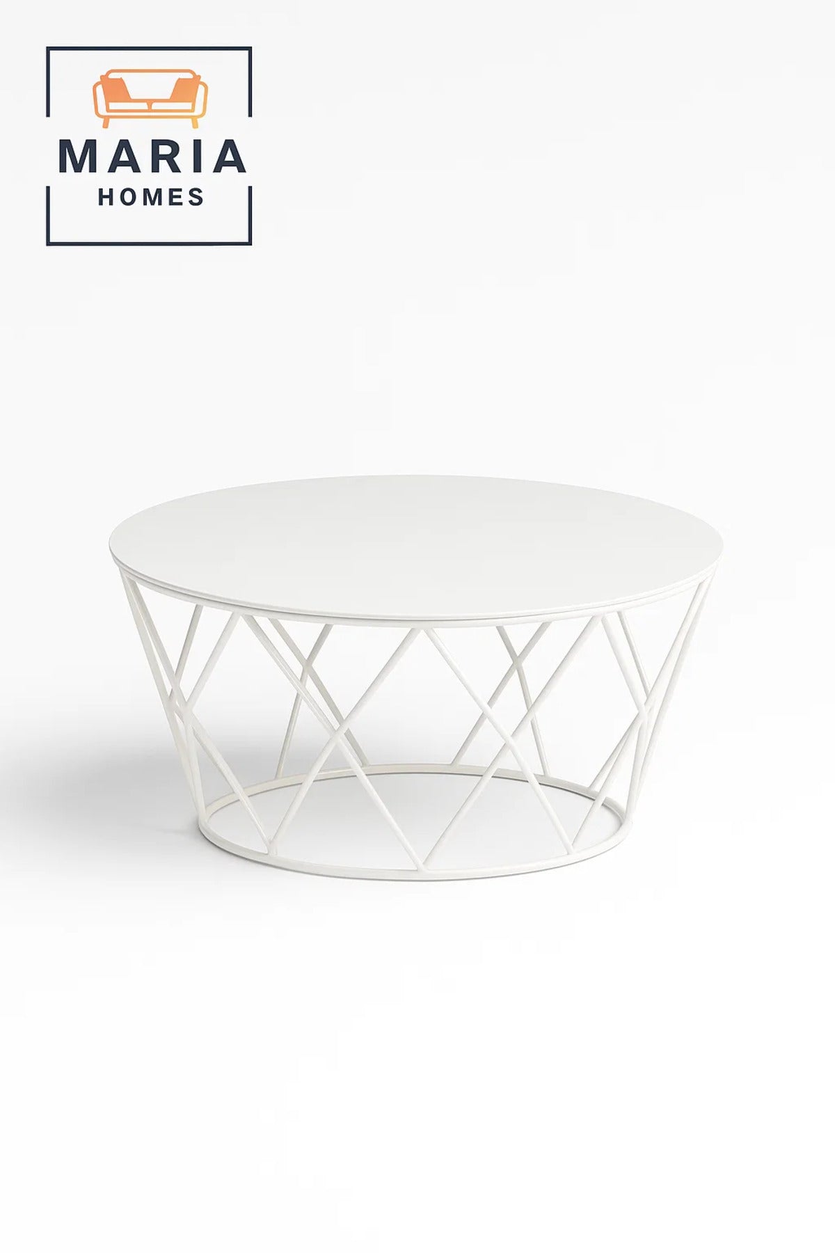 Modern Round Coffee Table with White Metal Geometric Base and Top