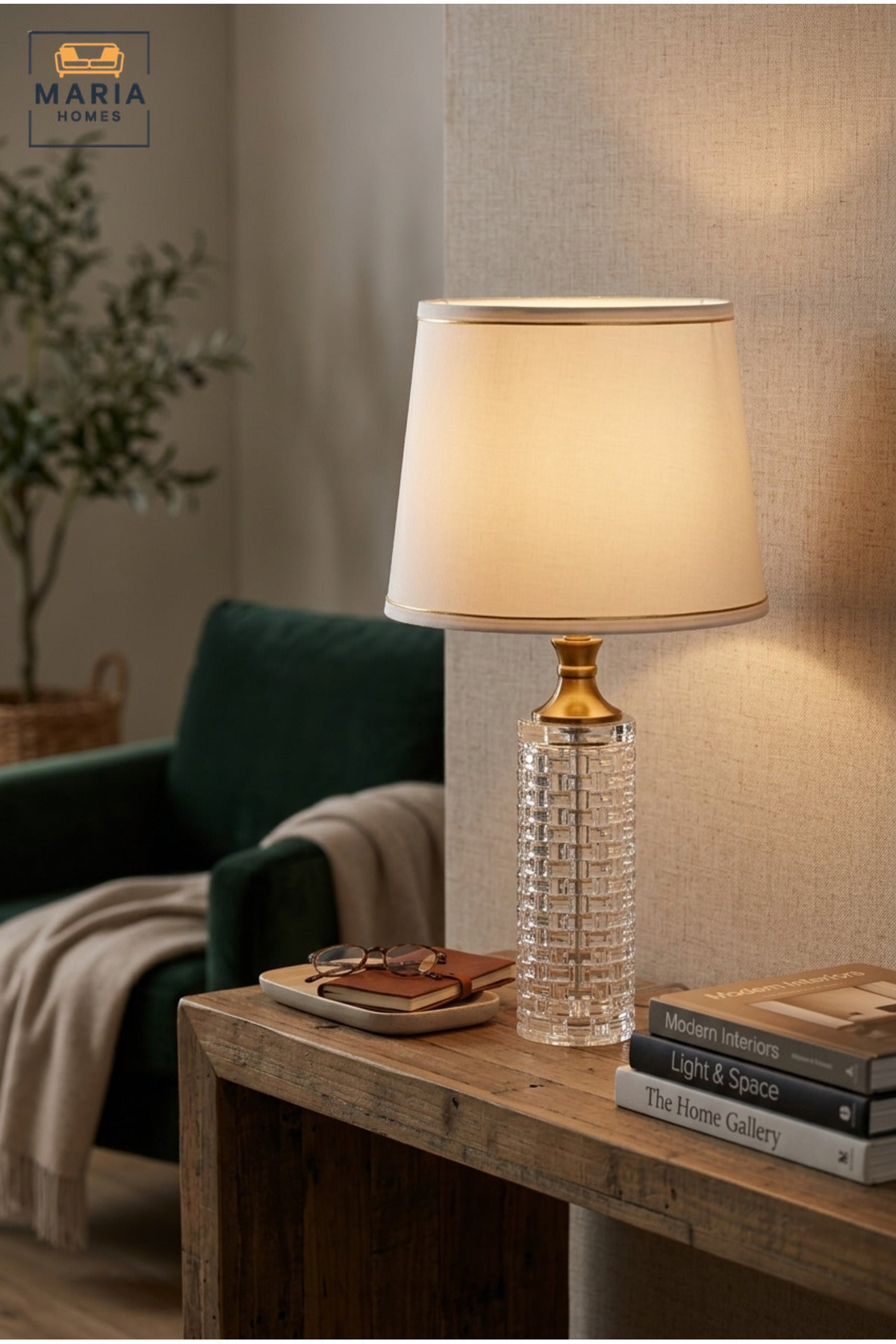 Luxury Crystal Table Lamp with White Fabric Shade, Gold Tone Details and Textured Clear Base for Bedroom, Living Room, Office, Hotel and Bedside Décor