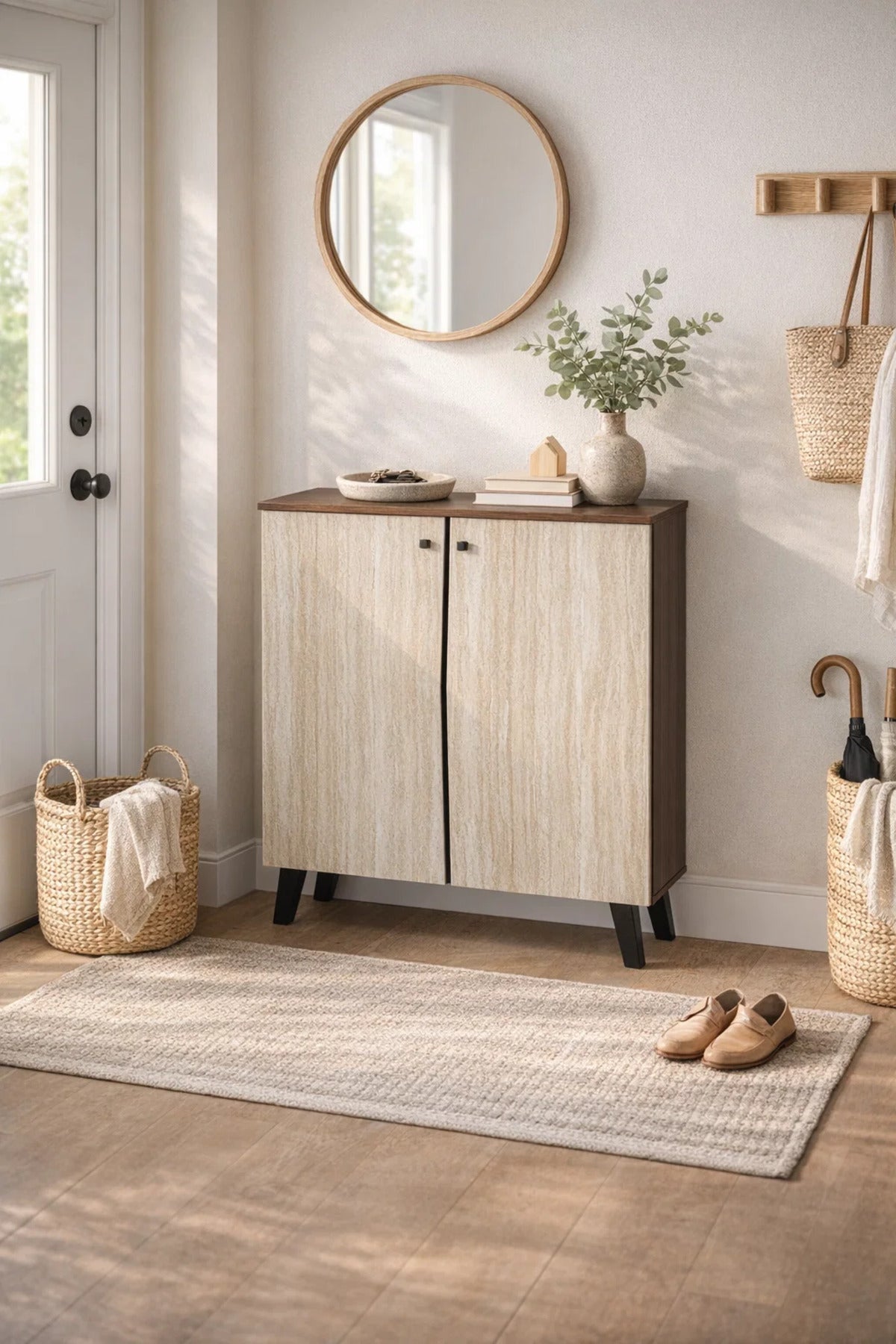 Dark Brown and Beige Shoe Cabinet with Minimal Design 80 x 32 x 93 cm