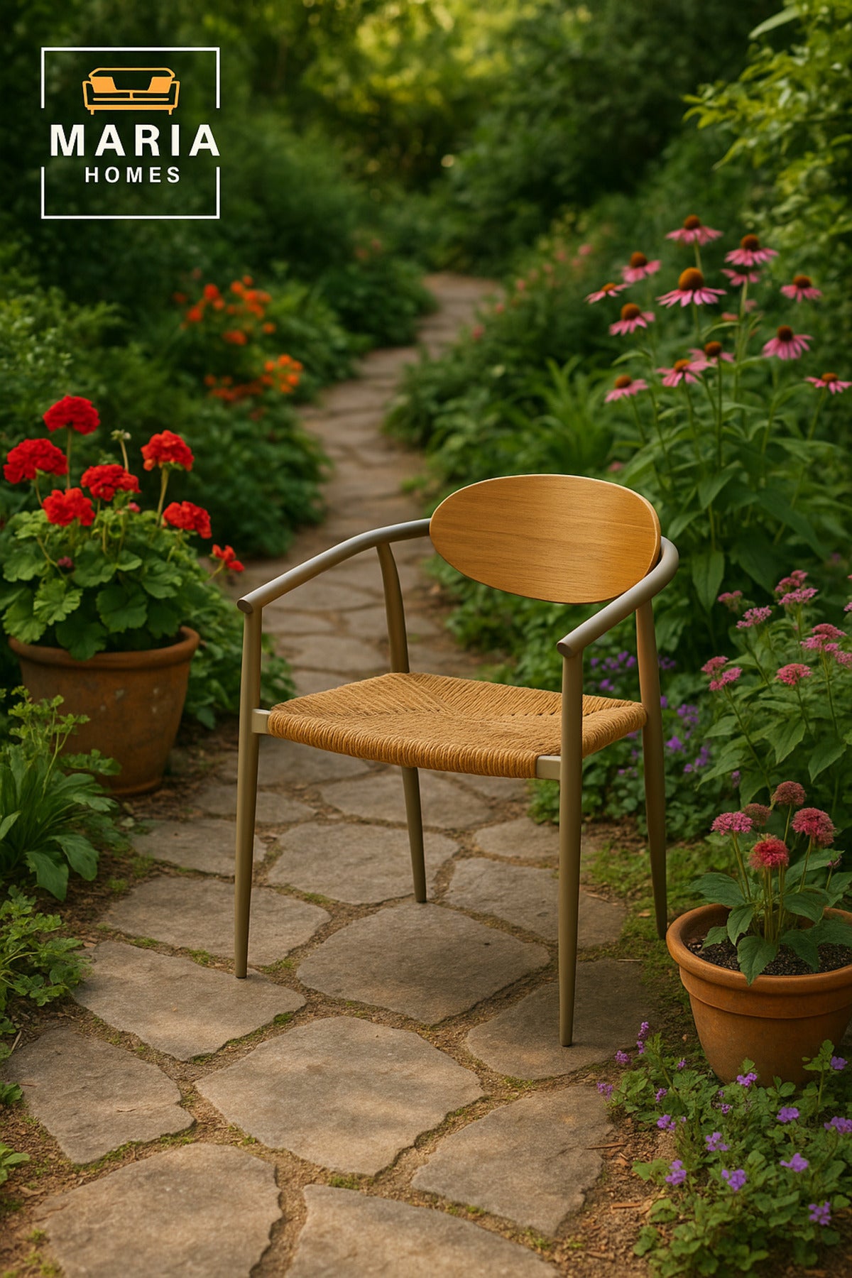 Modern Champagne Garden Chair Ð Wooden Backrest & Woven Seat for Outdoor Dining