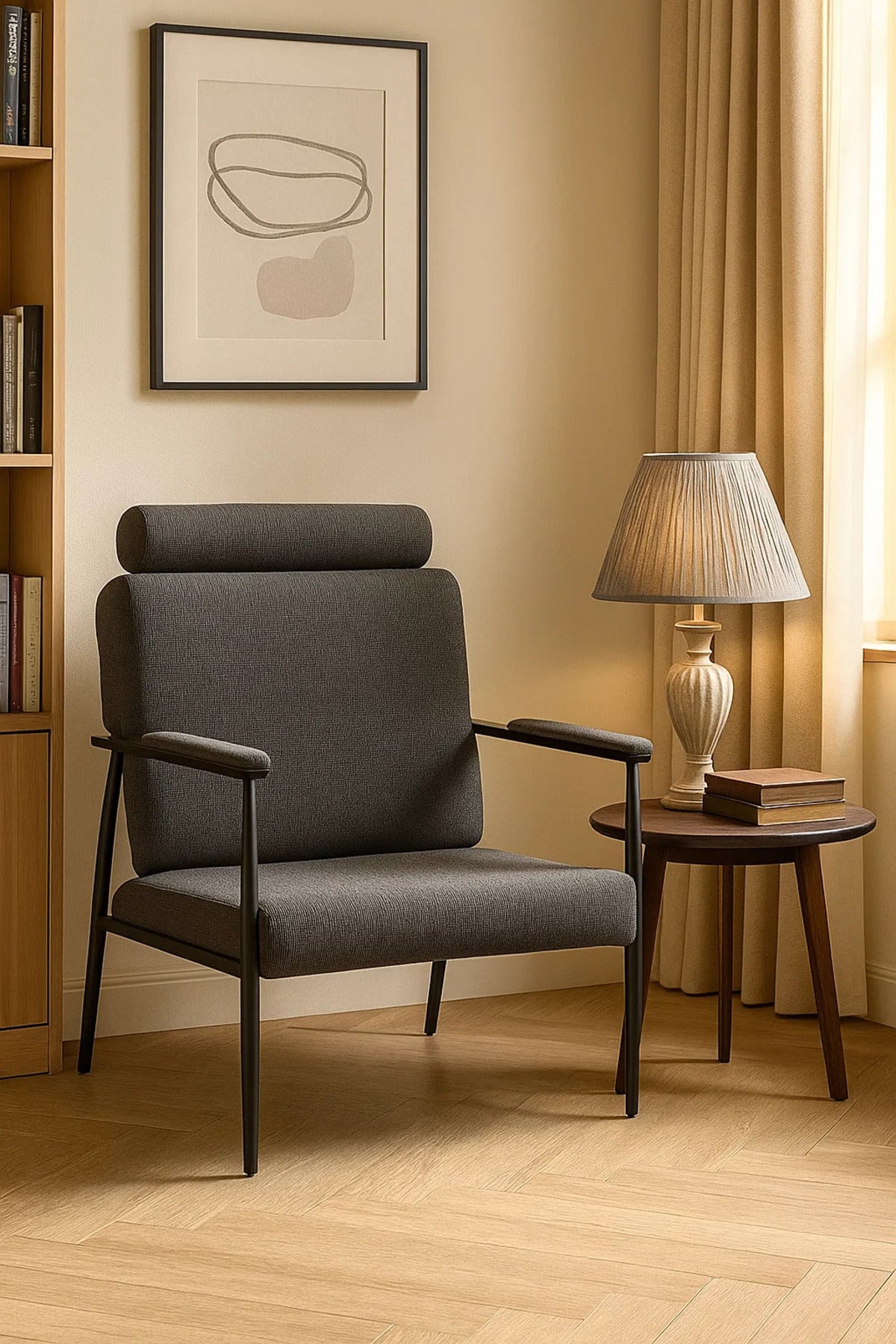 Premium Dark Grey Lounge Chair with Headrest, Modern Armchair for Living Room & Office Decor