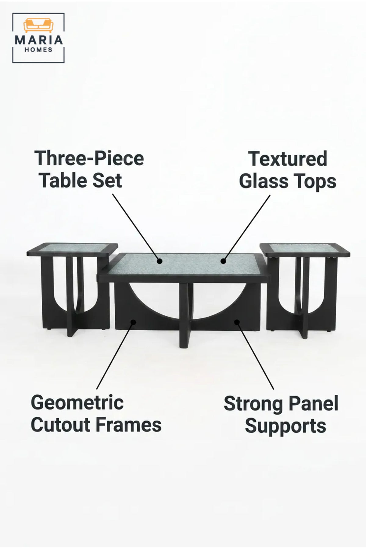 Modern Three-Piece Coffee Table Set with Rectangular Glass Tops and Two Matching Side Tables, Geometric Accent Tables for Living Room and Lounge