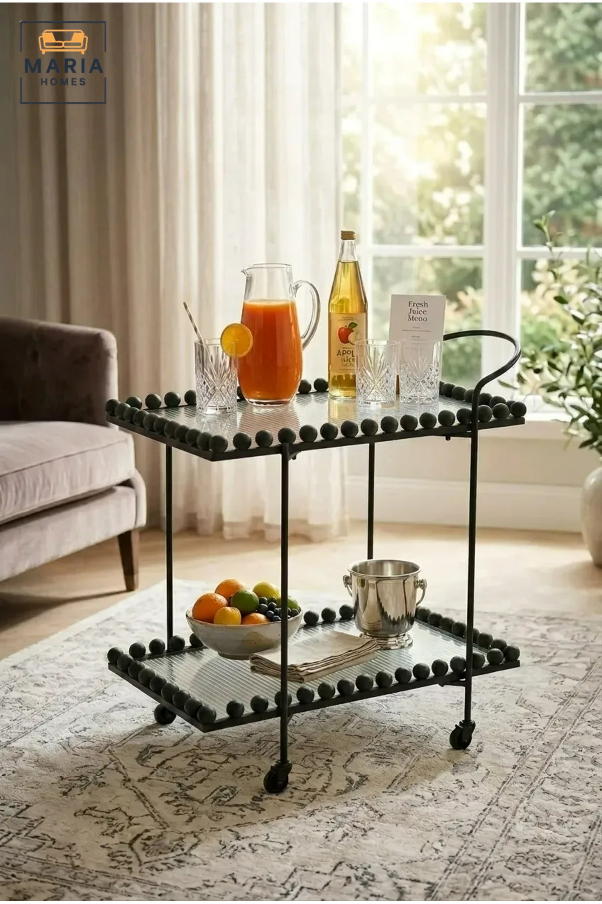 Modern 2-Tier Glass Serving Trolley – Black Rolling Bar Cart with Metal Frame and Decorative Bead Accents
