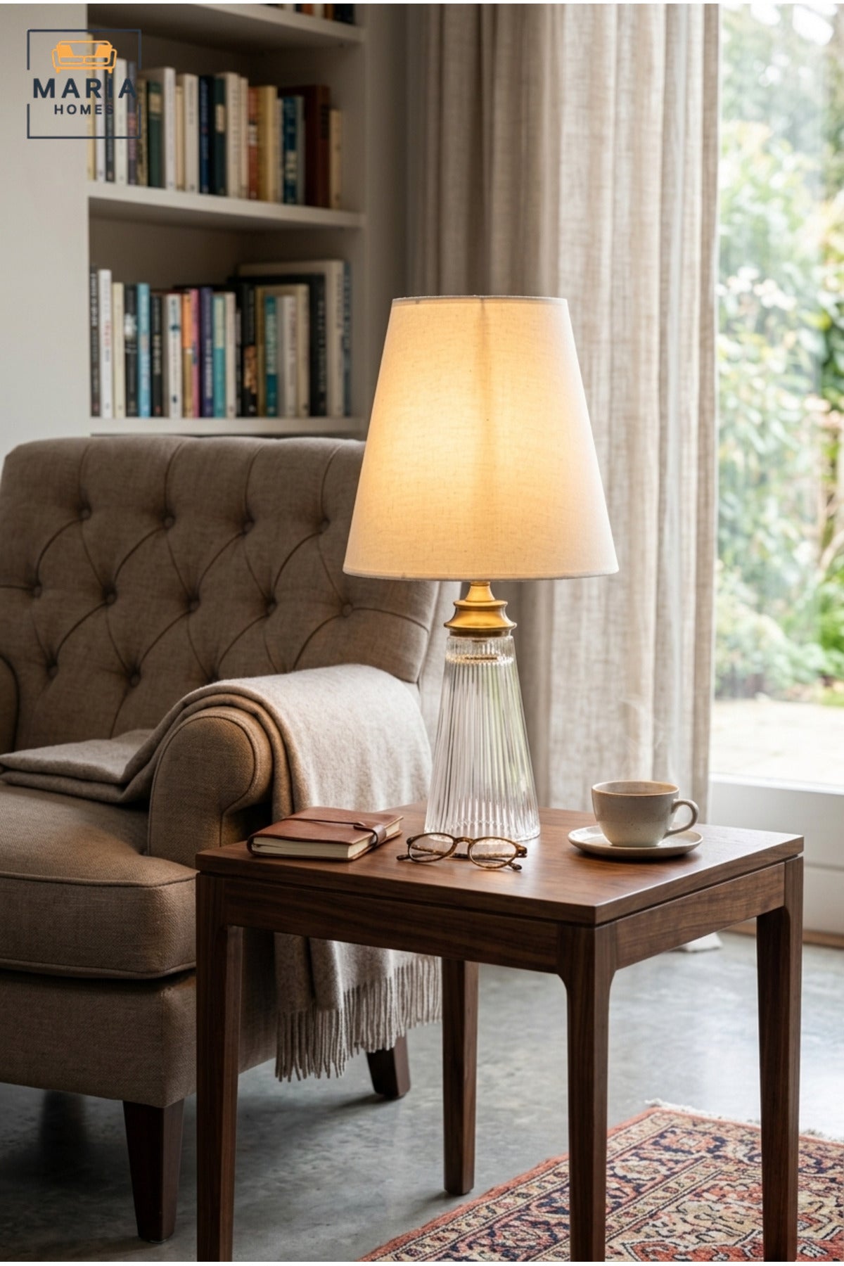 Luxury Ribbed Glass Table Lamp with White Fabric Shade and Antique Gold Tone Accent for Bedroom, Living Room, Office, Hotel and Bedside Décor