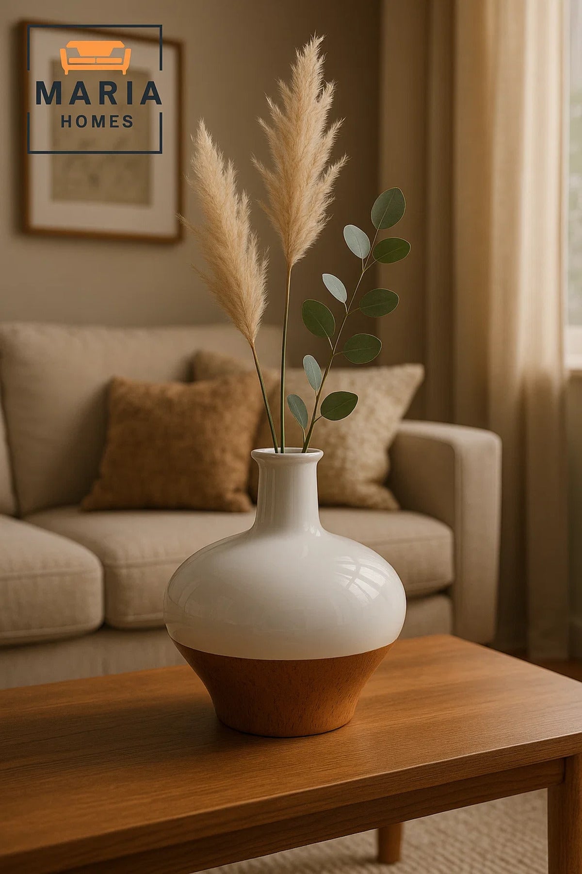 White and Cork Finish Ceramic Vase – Wide Round Decorative Flower Pot