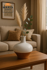 White and Cork Finish Ceramic Vase – Wide Round Decorative Flower Pot