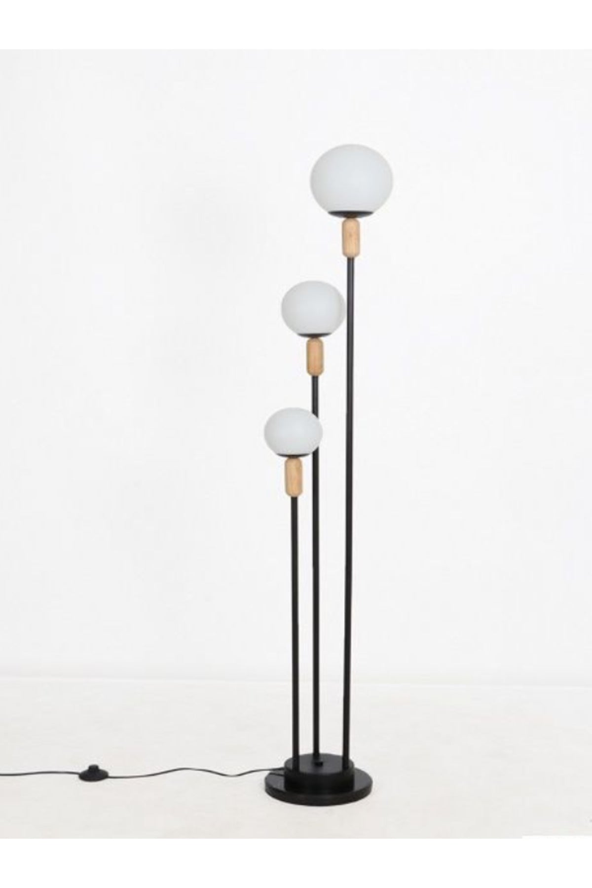 Modern Black Floor Lamp with Triple White Globe Lights Metal Stand for Living Room & Bedroom