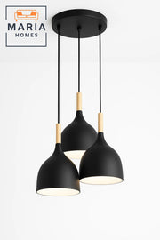 Triple Matte Black Pendant Light with Wood Accent
