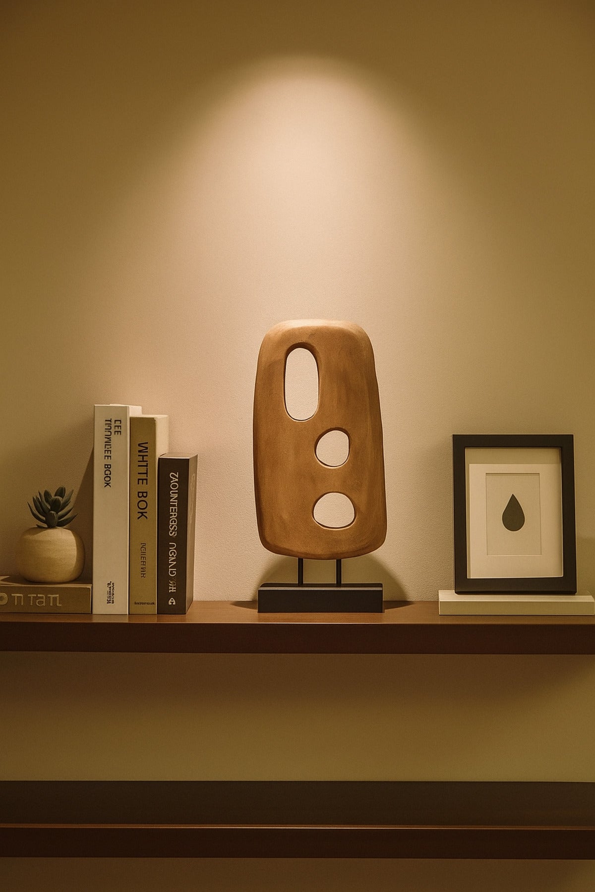 Walnut and Black Wooden Abstract Cut-Out Sculpture on Stand Ð Modern Decorative Accent