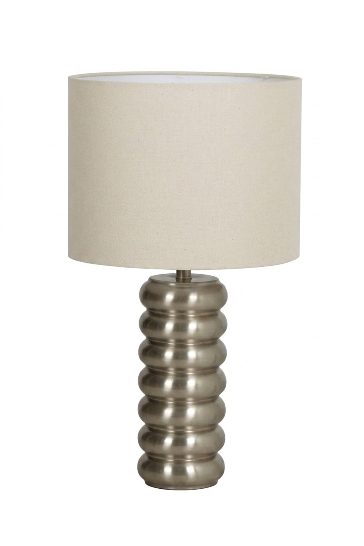 Modern Silver Ribbed Table Lamp with Fabric Drum Shade Sculptural Bedside Light for Bedroom Living Room Office Console Table and Hotel Décor