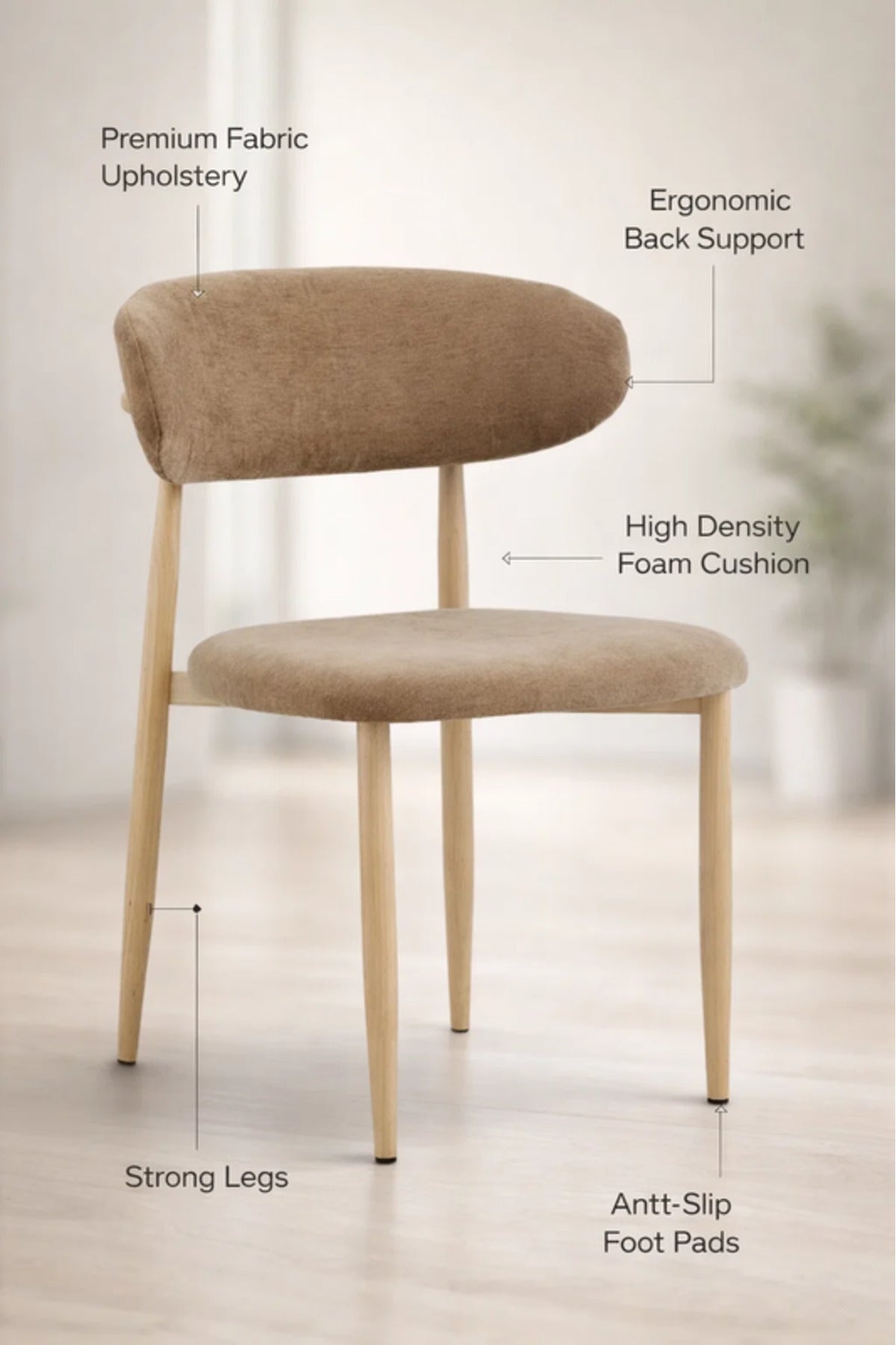 Modern Dark Beige Fabric Dining Chair with Curved Backrest & Solid Wood Legs