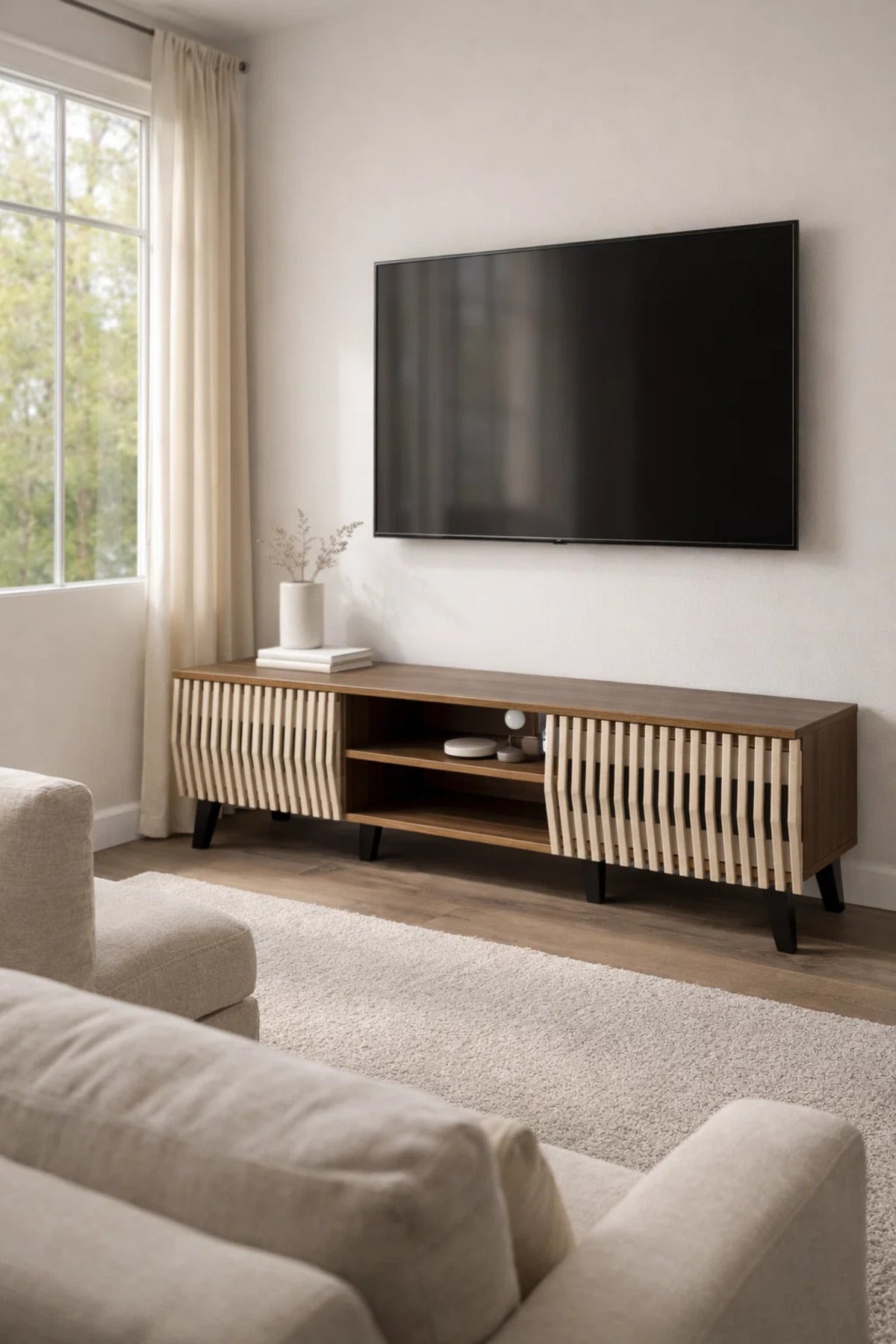 Modern Wooden TV Stand Dark Brown with Beige Slatted Design 160 x 40 x 43 cm