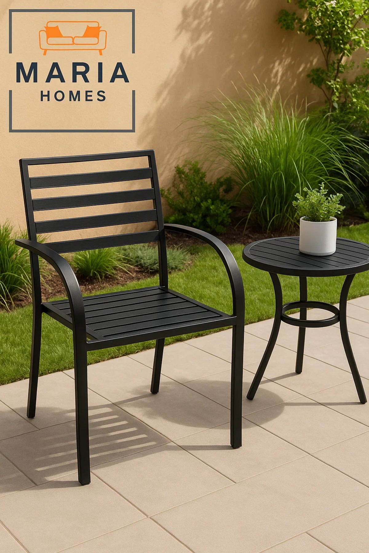 Black Metal Outdoor Armchair Ð Slatted Seat and Backrest for Patio or Garden