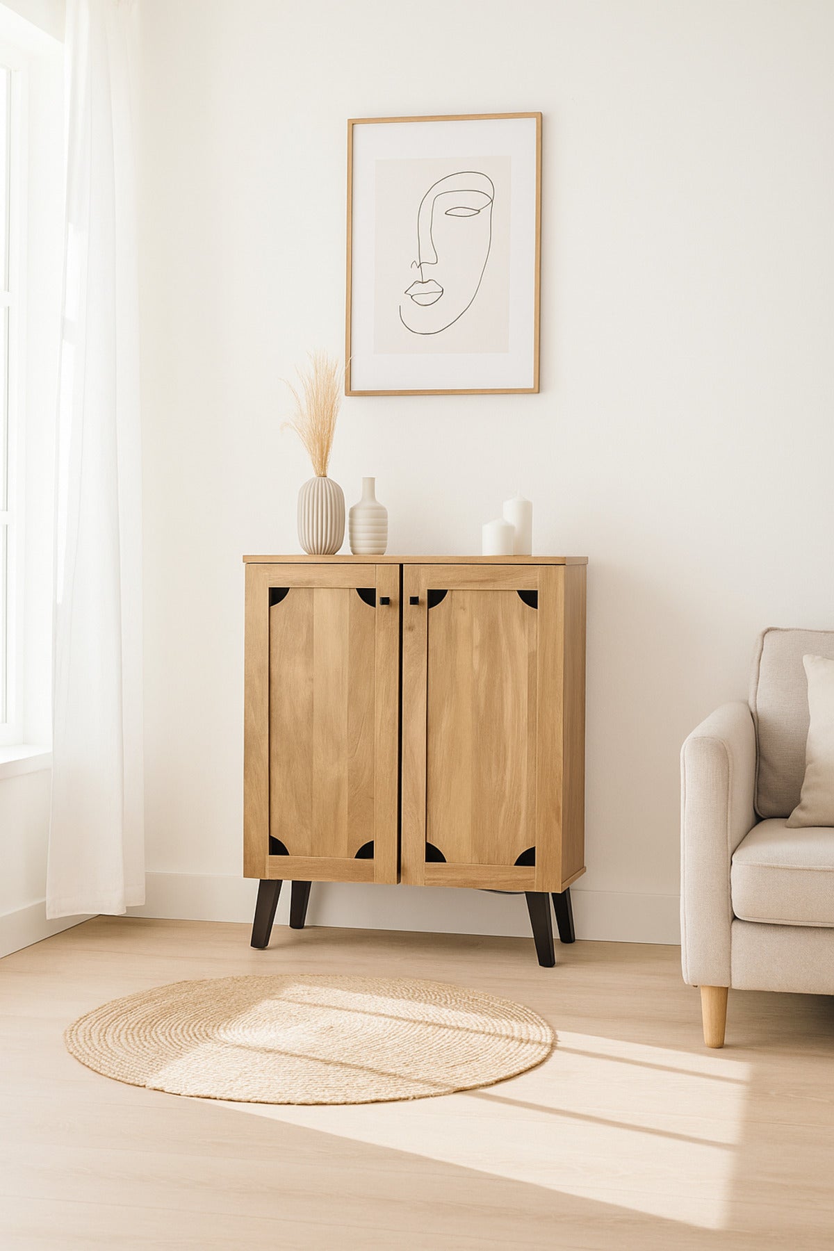 Light Brown Wooden Storage Cabinet 80_32_94 cm Ð Modern 2-Door Cupboard with Black Legs