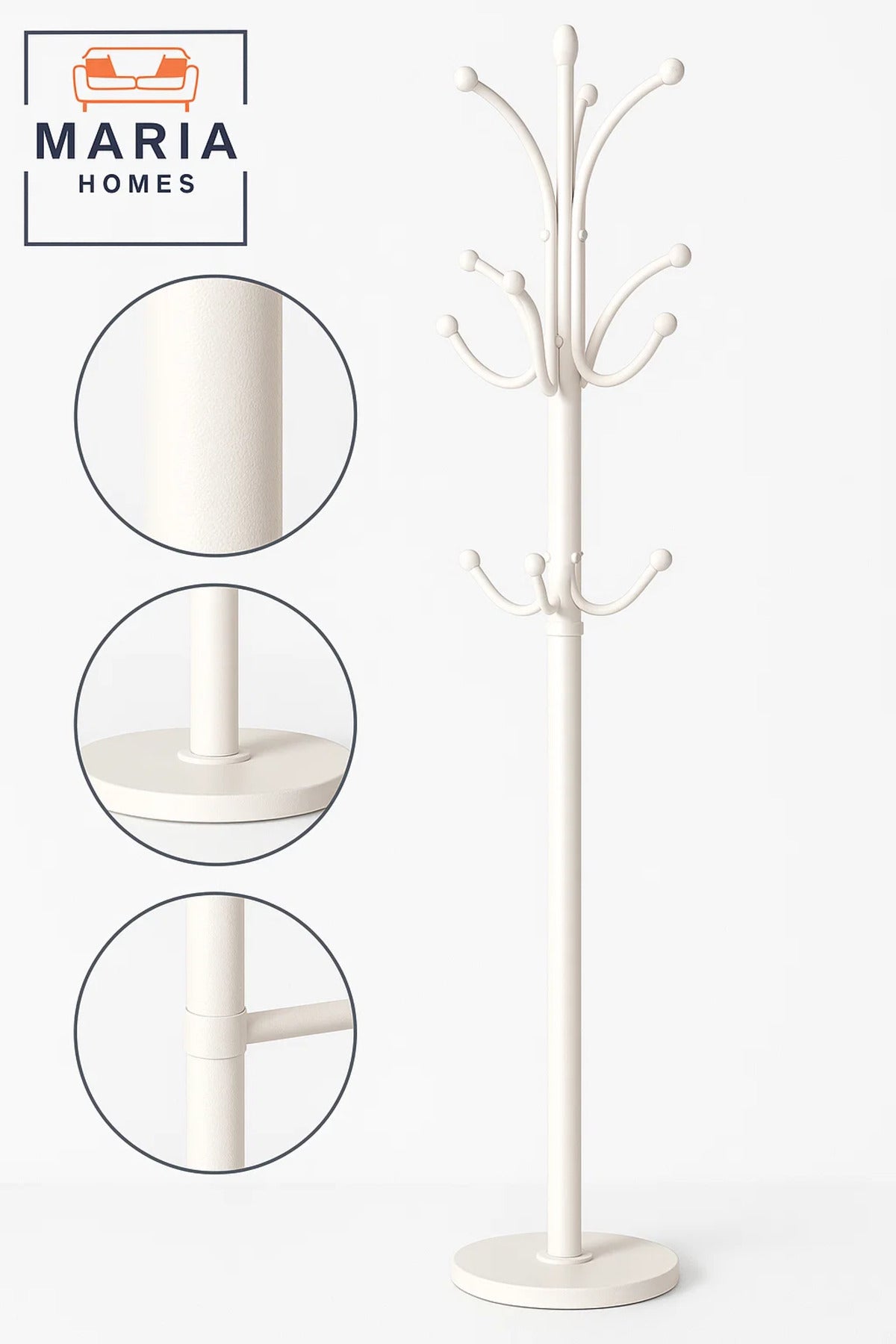 Classic White Coat Rack with Ball-End Hooks and Round Base